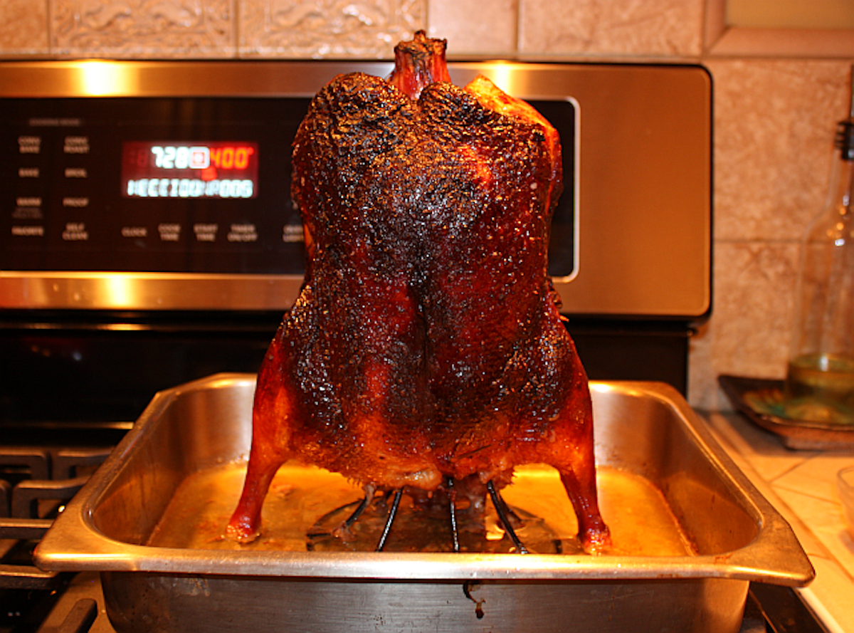 roasted duck on vertical roaster