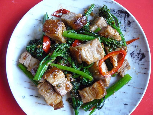 Thai pork belly stir-fried with garlic and broccolini