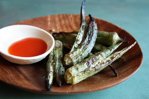 grilled okra with sriracha sauce