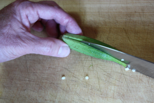 prepping okra for grilling