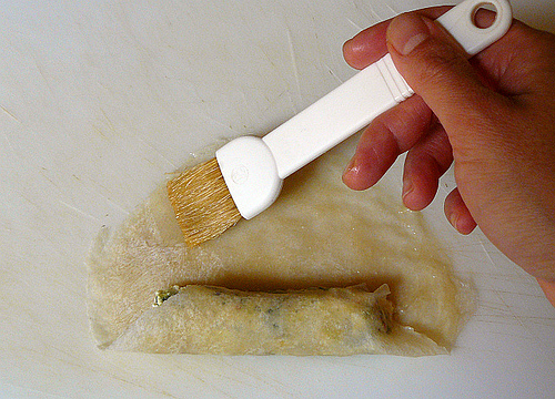 Sealing a Shanghai spring roll skin