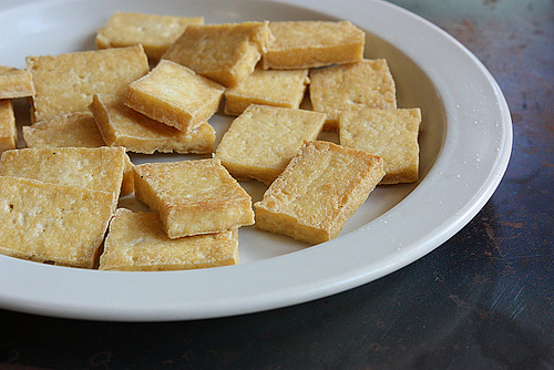 Fried tofu pieces for egg pancakes