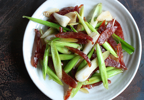 Green garlic and Chinese Sausage stir-fry