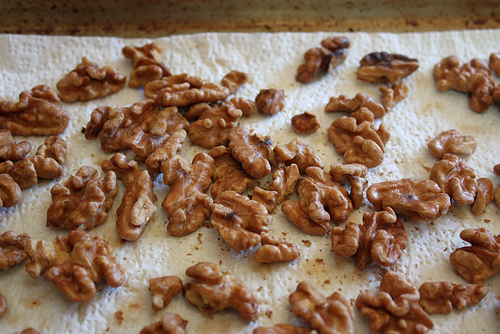 Salted caramelized walnuts baked