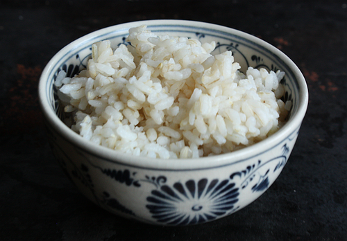 Short-grain beige rice cooked