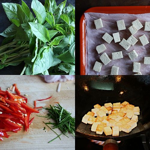 Spicy basil chicken tofu collage