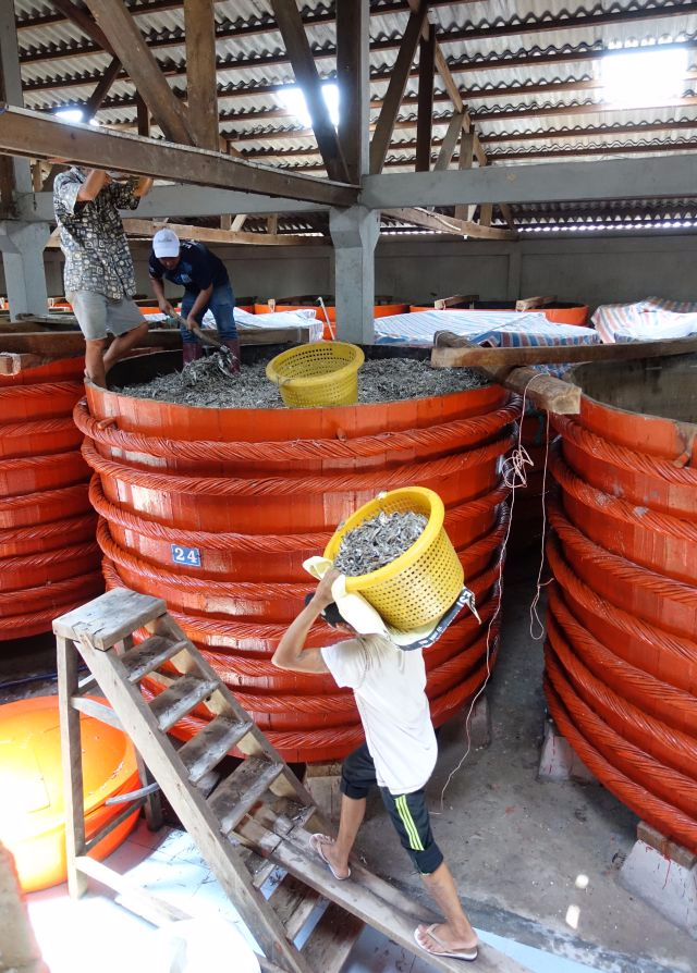 Red Boat fish sauce loading barrel