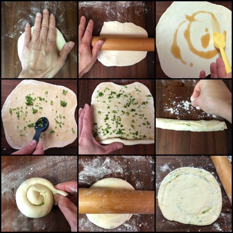Rolling out scallion pancakes