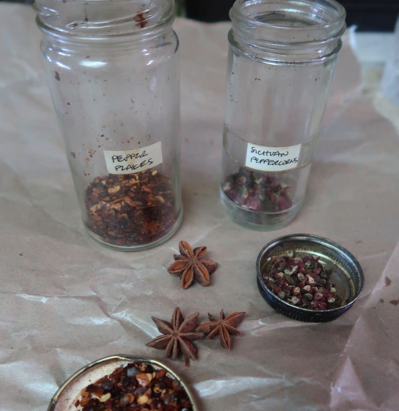 pepper flakes, sichuan peppercorns, and star anise