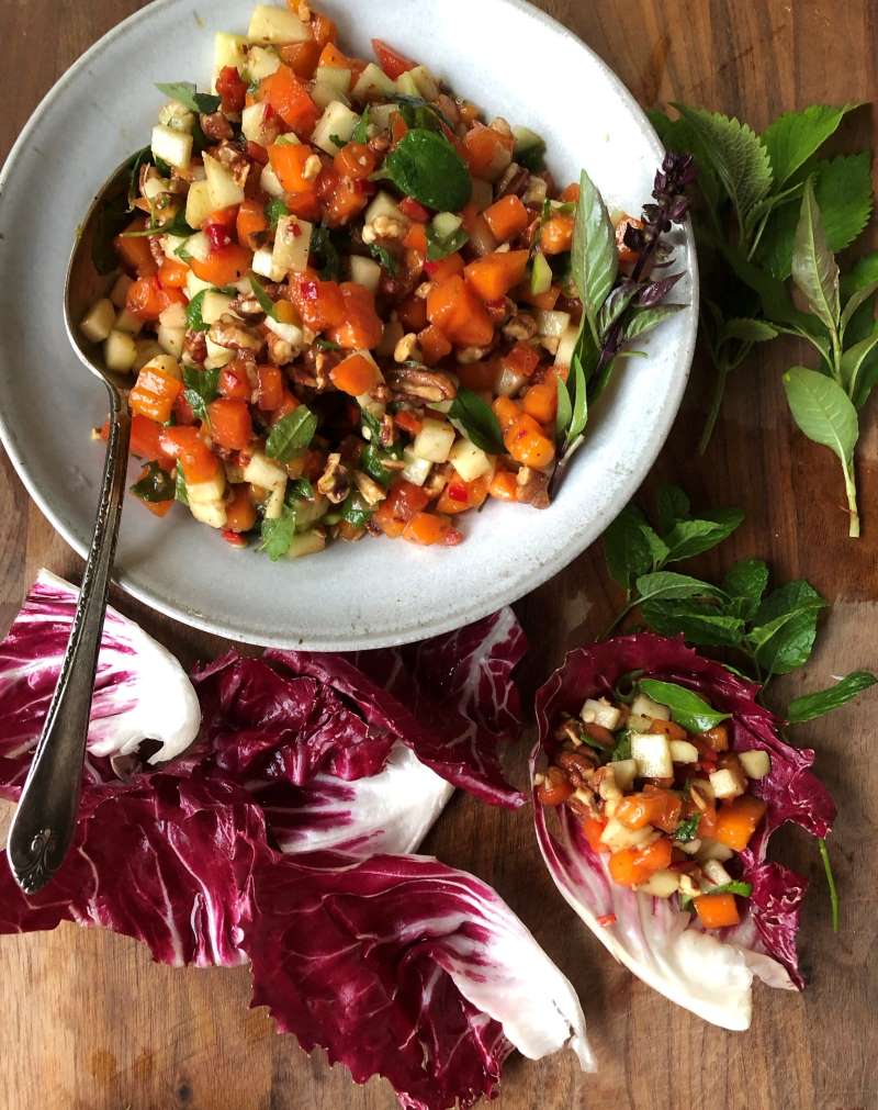 Persimmon and Pecan and Lettuce Cups