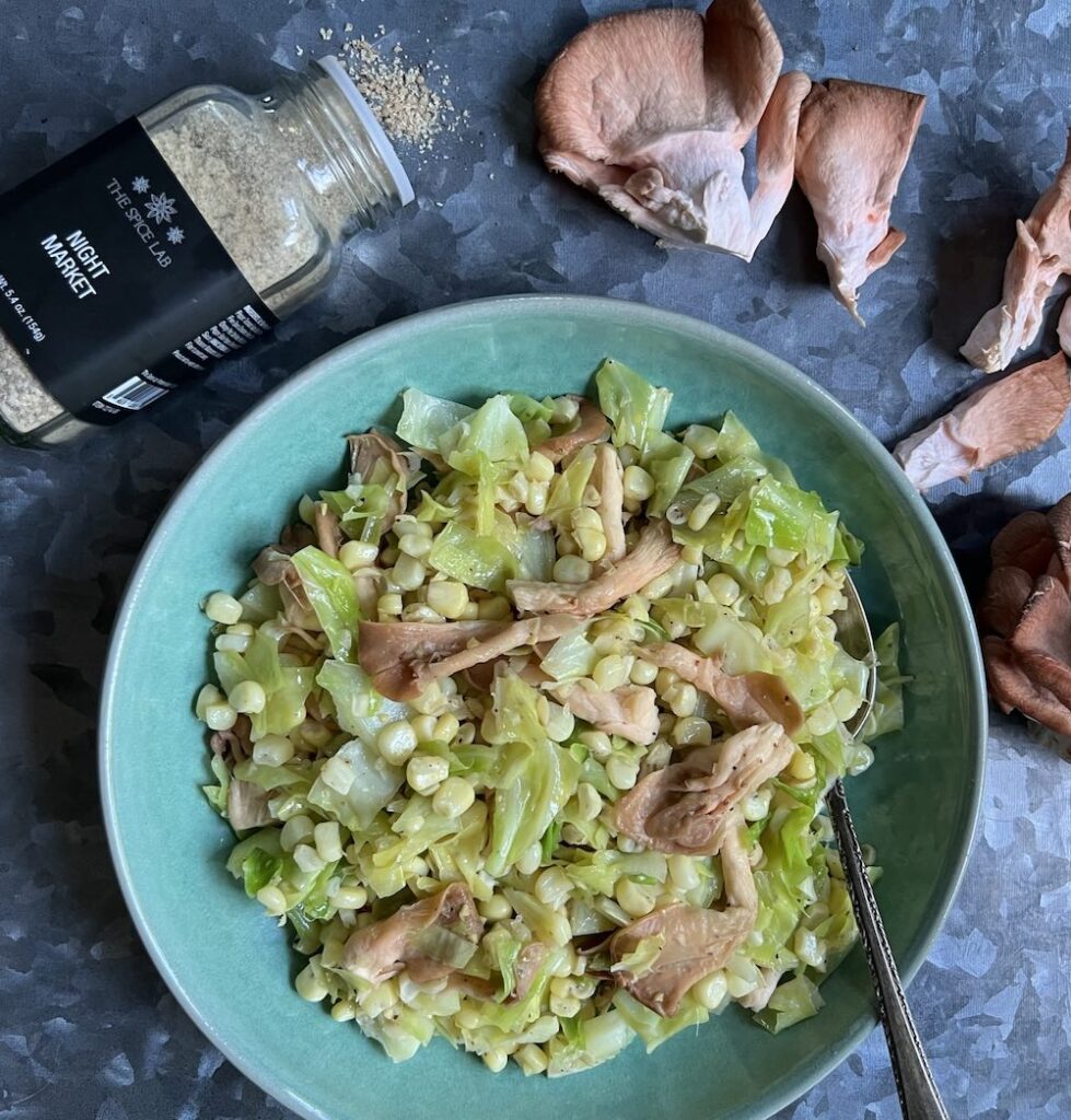 corn cabbage pink oyster mushroom