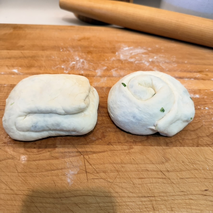 sesame scallion bread folded or coiled