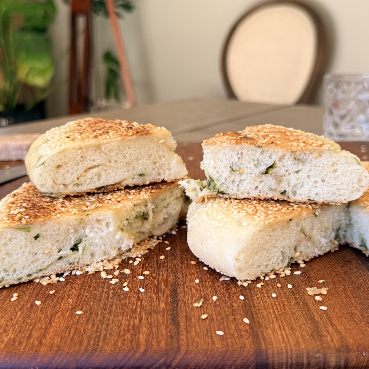 sesame scallion bread cut open
