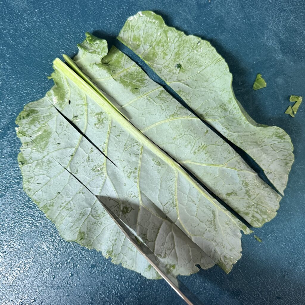 stir-fried beef and collard greens prepping greens