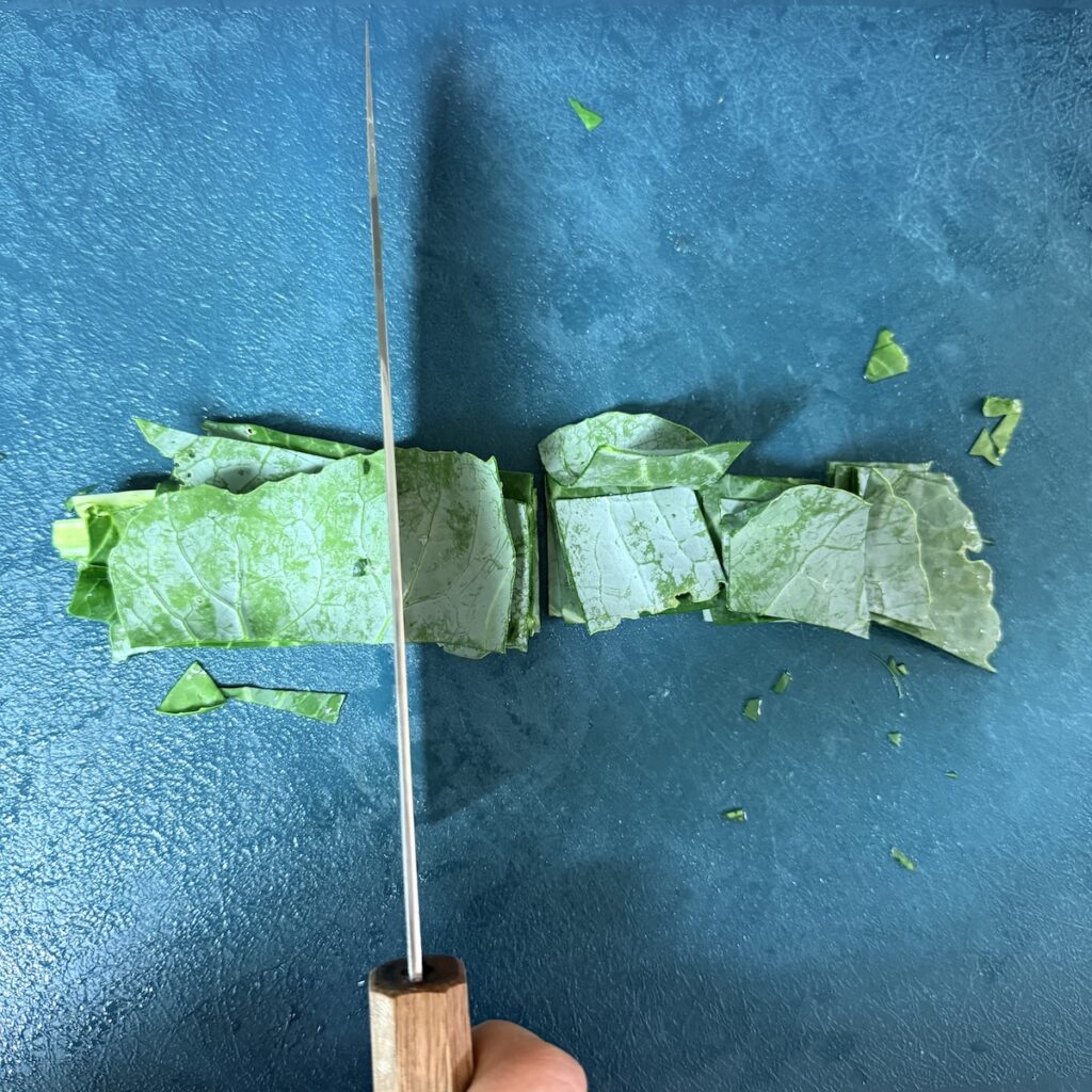 stir-fried beef and collard greens prepping greens
