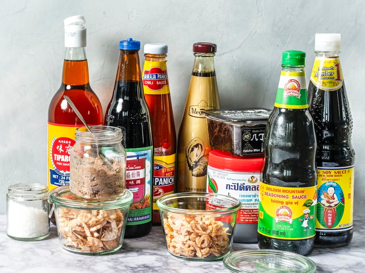 Basic Salty, Spicy Condiments and Seasonings for Cooking Thai Food