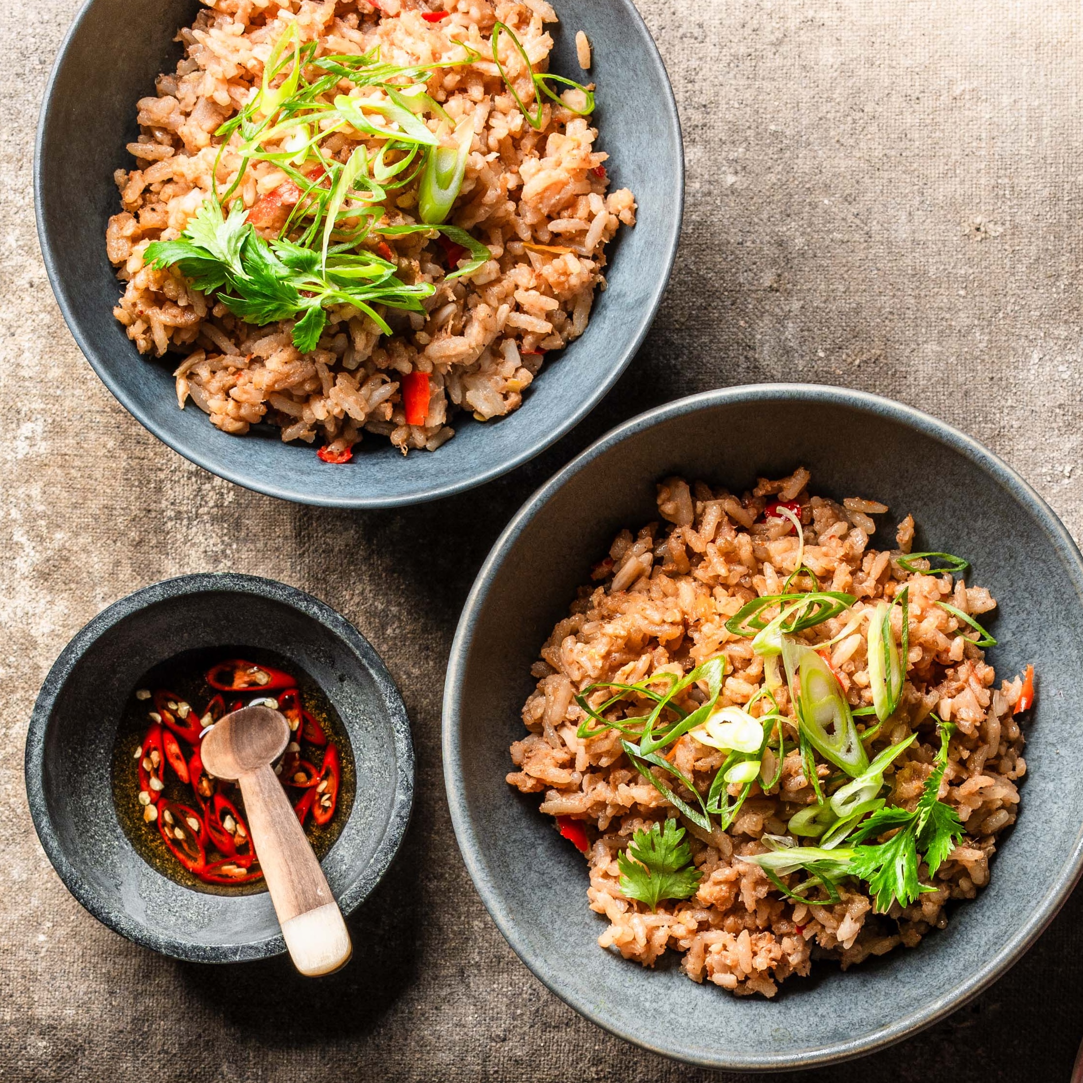 Salted egg yolk and shrimp fried rice with nampla prik sauce, by Ed Anderson for Cooking Thai
