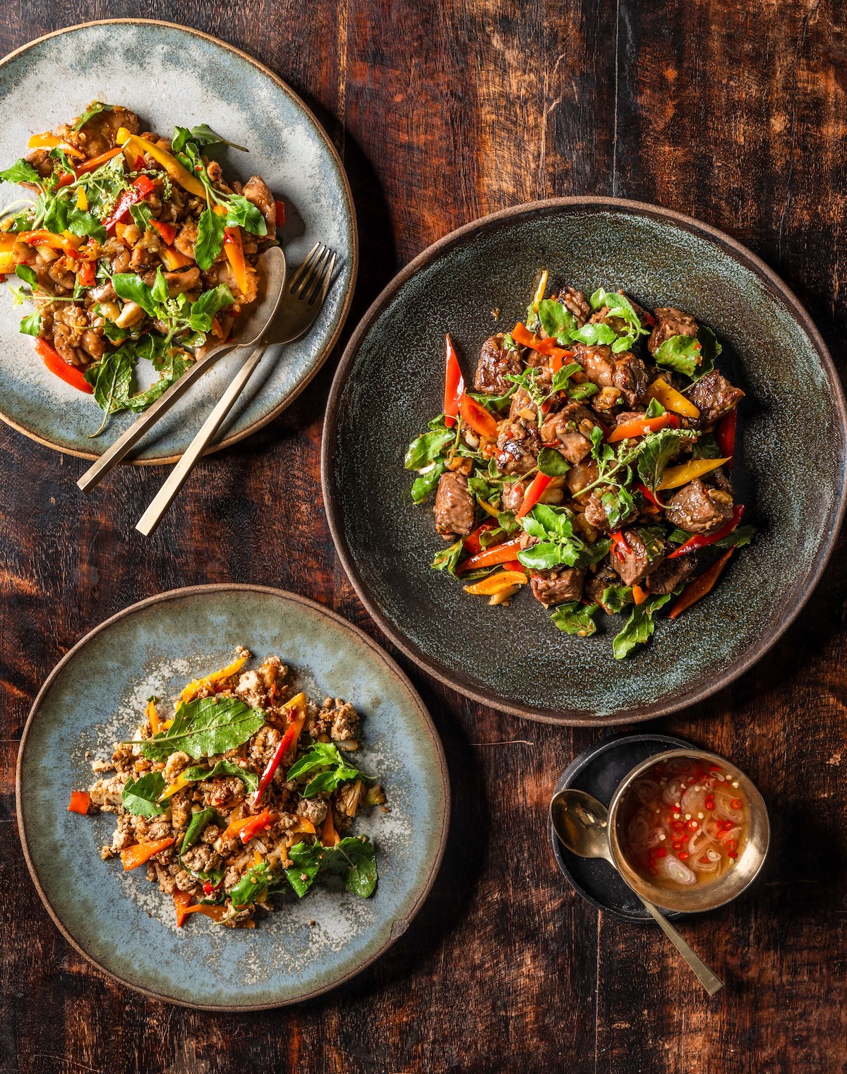 bougie pad gaprao holy basil and beef stir-fry with variations and nampla prik, by Ed Anderson for Cooking Thai